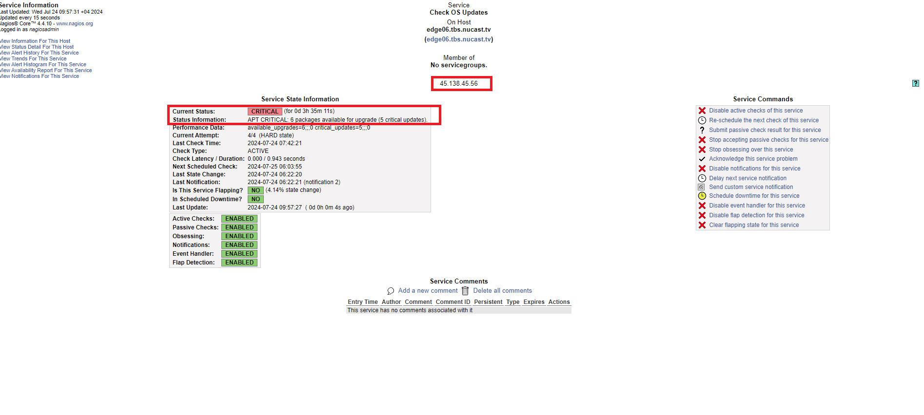 Selected server detail
